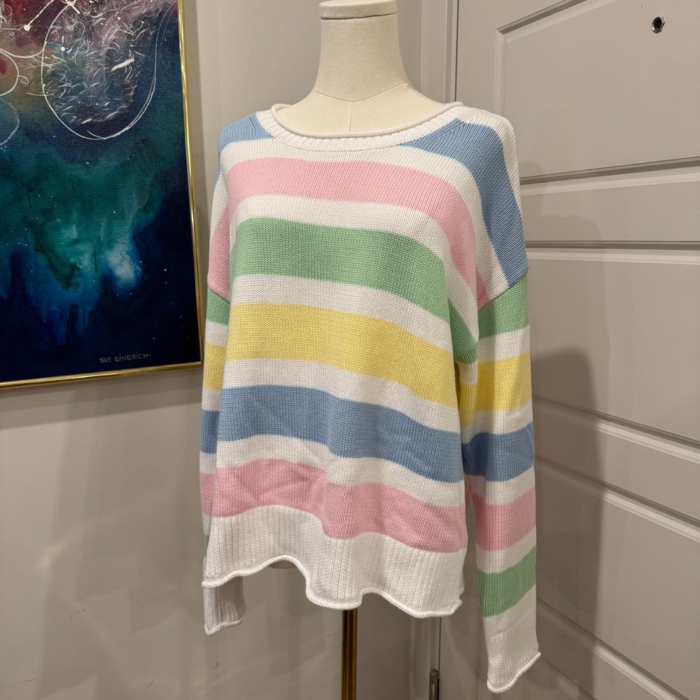Duffield Lane Pastel Rainbow Stripe Cotton Knit Roll Neck Sweater Preppy Medium